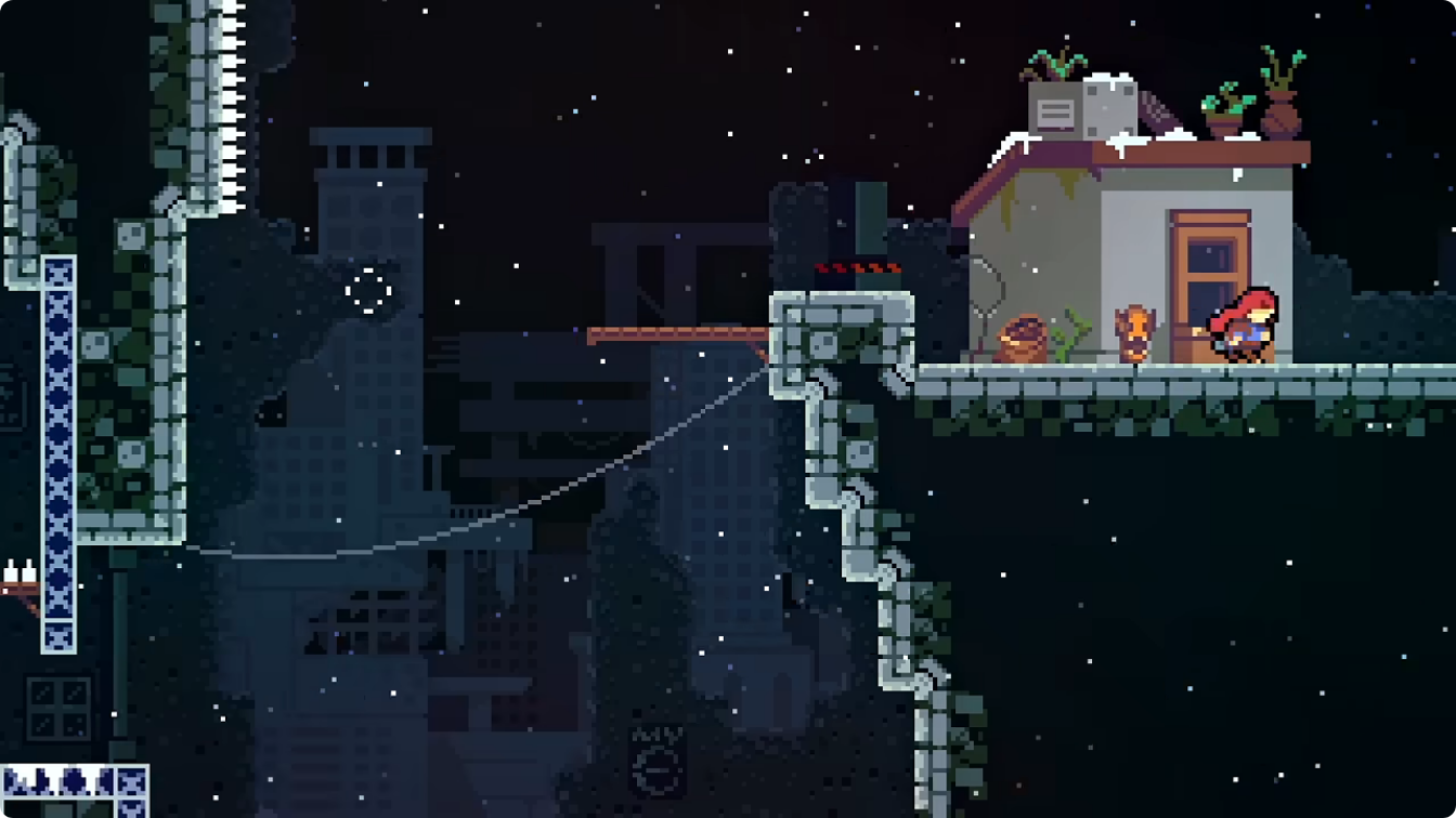 Игровая сцена из Celeste: движение, рывок и препятствия